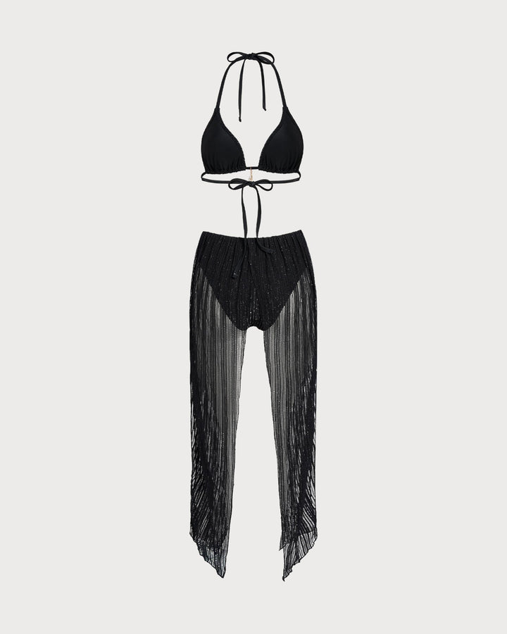 Ensemble de bikini triangle noir à nouer autour du cou avec cordon de serrage