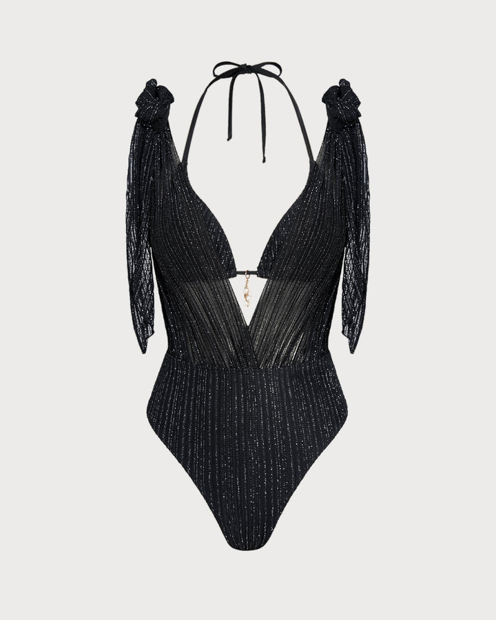Ensemble de bikini triangle noir à nouer autour du cou avec cordon de serrage