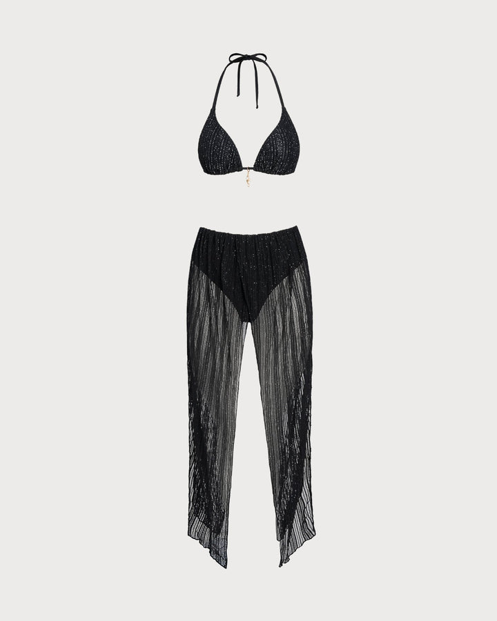 Ensemble de bikini triangle noir à nouer autour du cou avec cordon de serrage