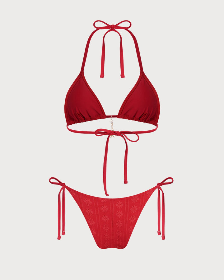 Ensemble de bikini rouge en tissu jacquard à nouer autour du cou avec cordon de serrage