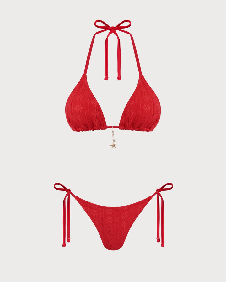 Ensemble de bikini rouge en tissu jacquard à nouer autour du cou avec cordon de serrage