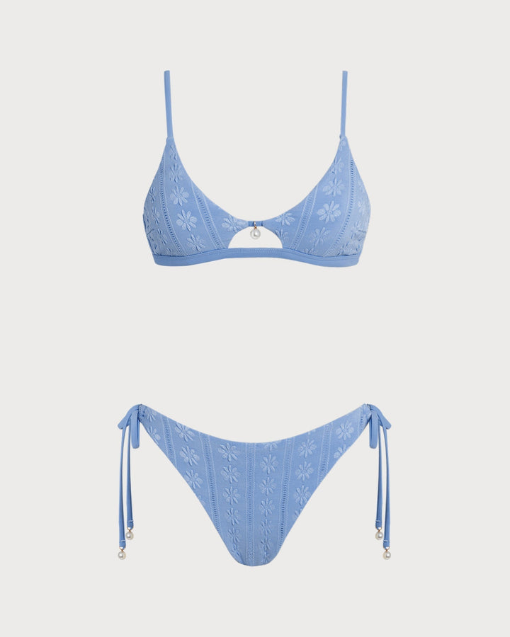 Ensemble de bikini triangle bleu à motif floral avec encolure en U